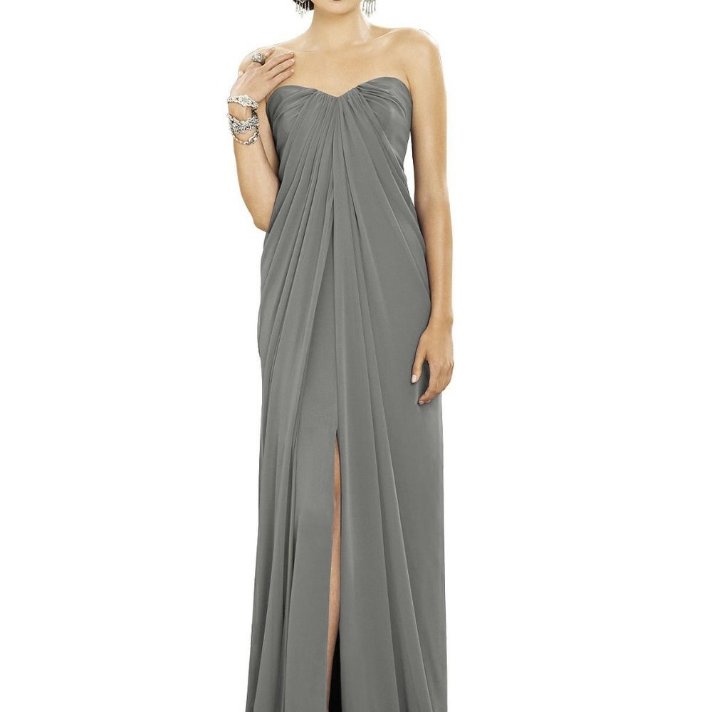 Dessy 2879......Full-length strapless lux chiffon dress....Gray...Size 4...NWT
